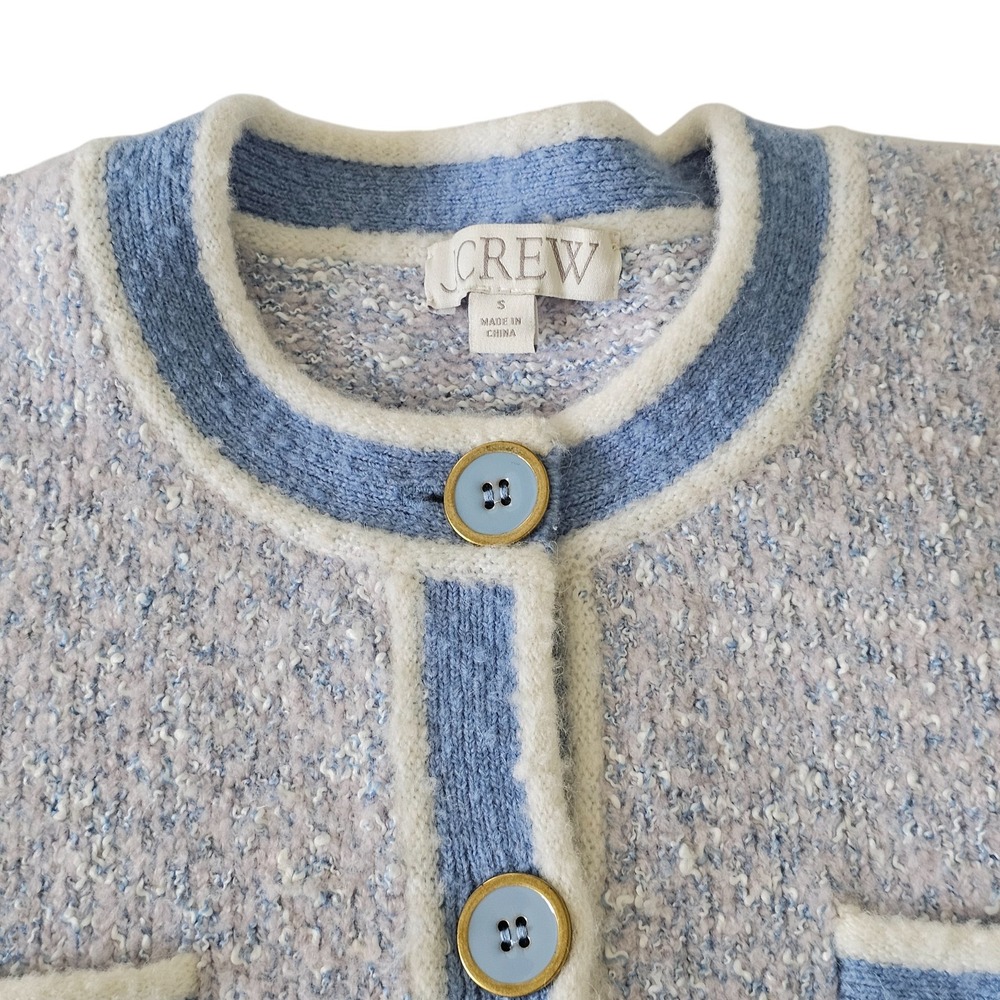 J‎ Crew Reimagined Tweed Knit Cardigan Blue Cream Button Front Pockets Size S - Picture 4 of 11